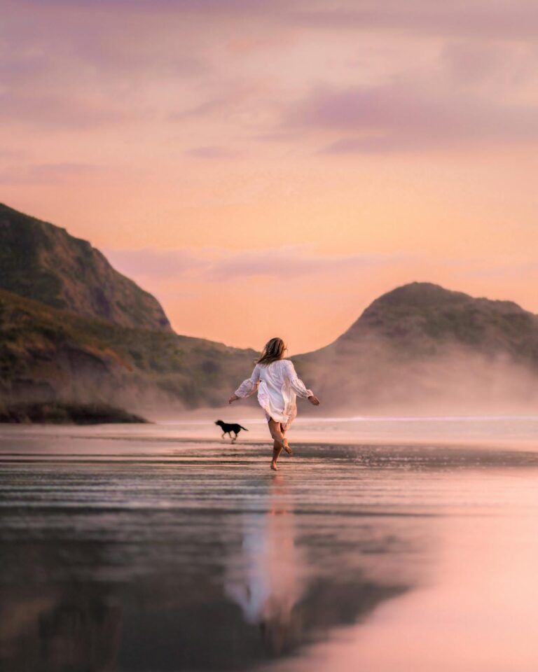 sunset ocean with dog